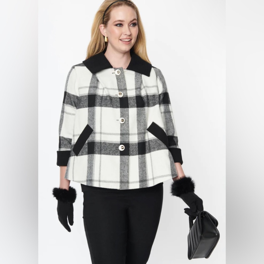 Unique Vintage NWT Black & White Plaid‎ Ahoy There Short Swing Coat